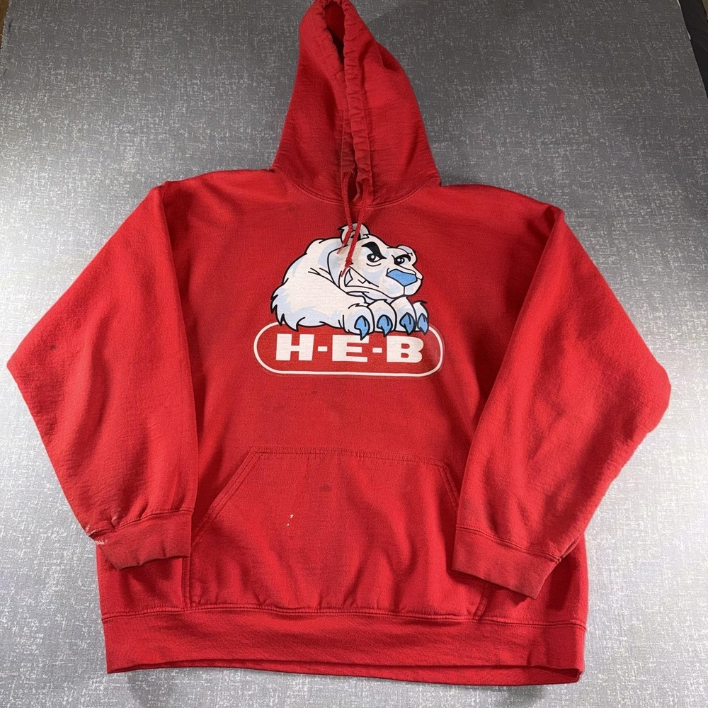 Gildan Hoodie Mens XL Red H-E-B Polar Bear Graphic Fleece Pullover Sweatshirt - Picture 2 of 13
